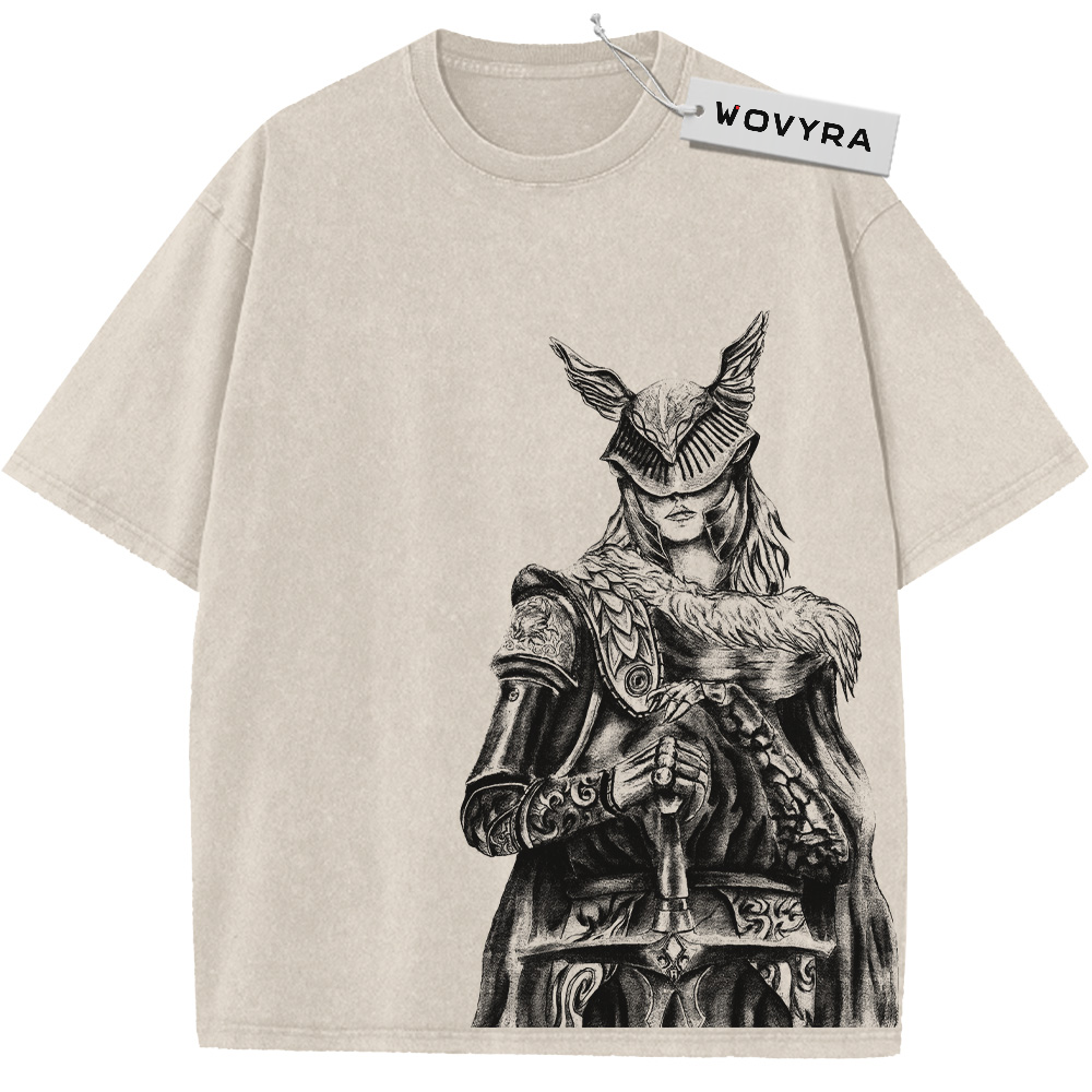 Malenia Winged Helmet Portrait Vintage T-Shirt with a monochrome armored portrait with a winged helmet