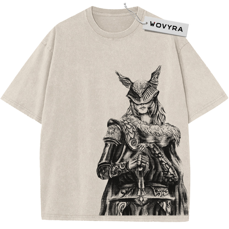 Malenia Winged Helmet Portrait Vintage T-Shirt with a monochrome armored portrait with a winged helmet