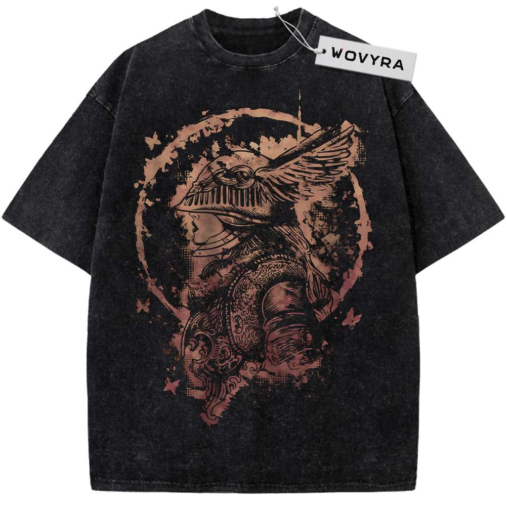 Malenia Sepia Helmet Vintage T-Shirt with a sepia armored profile within a weathered circular frame