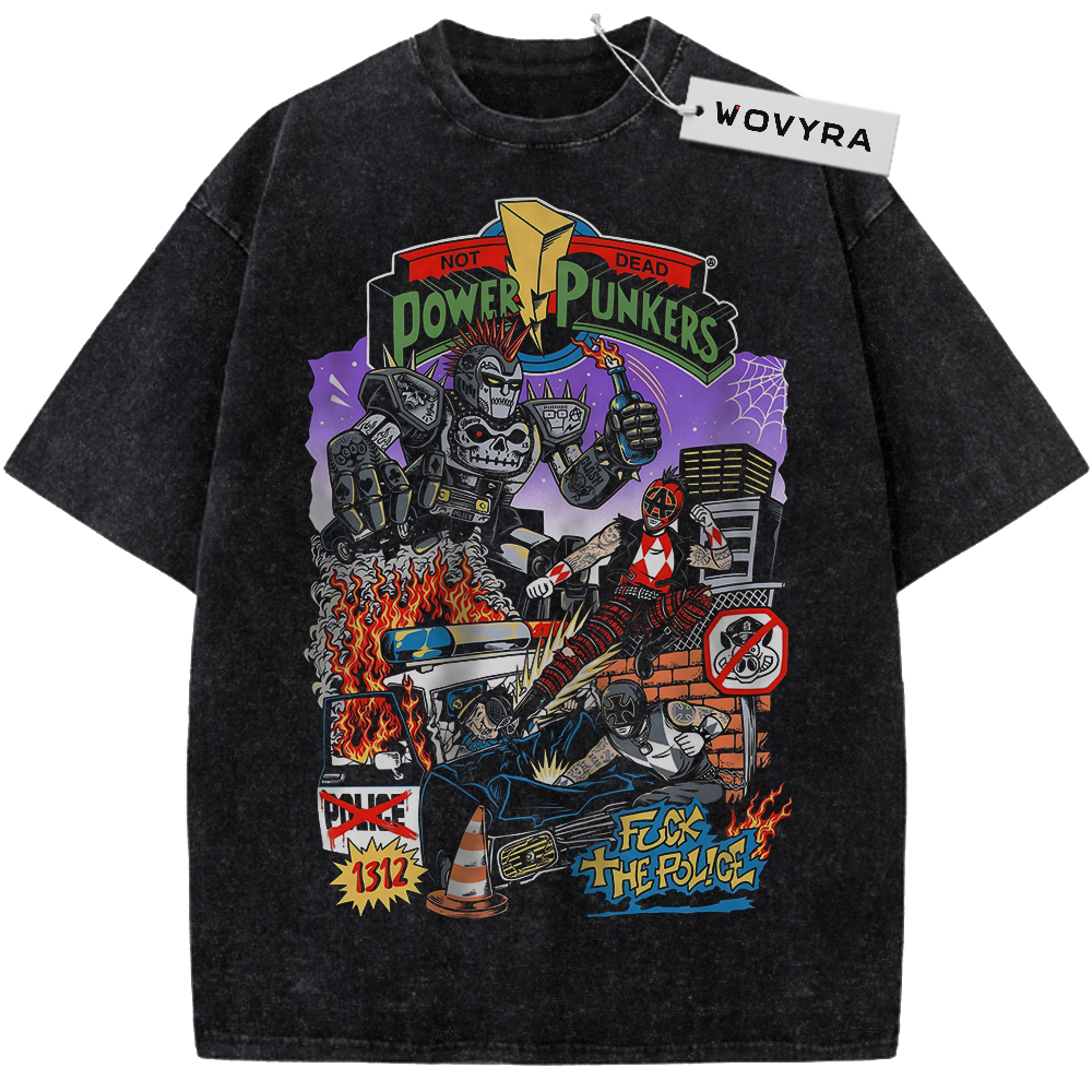 Power Rangers Punk Collage Vintage T-Shirt with a colorful mechanical collage with sticker-like lettering