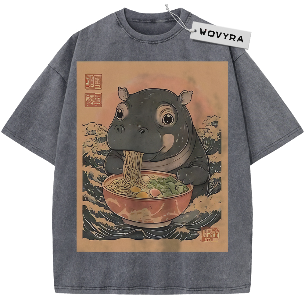 Charcoal gray Ramen Hippo T-shirt with a hippo eating noodles in a warm-toned frame
