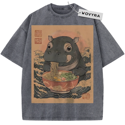 Charcoal gray Ramen Hippo T-shirt with a hippo eating noodles in a warm-toned frame