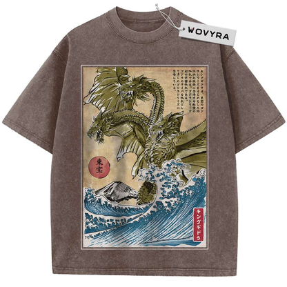 Brown King Ghidorah T-shirt with a framed three-headed dragon and blue wave print