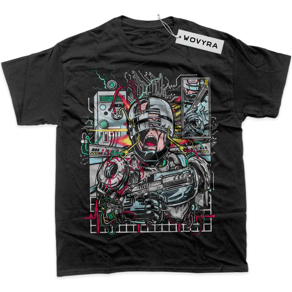 RoboCop Mechanical Collage Classic T-Shirt with a mechanical character collage with red and teal details