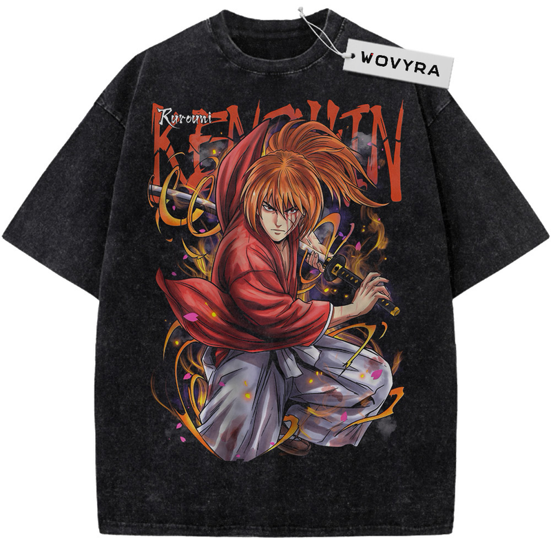 Rurouni Kenshin Himura Kenshin Sword Portrait Vintage T-Shirt with a red-haired swordsman framed by orange lettering and curved lines