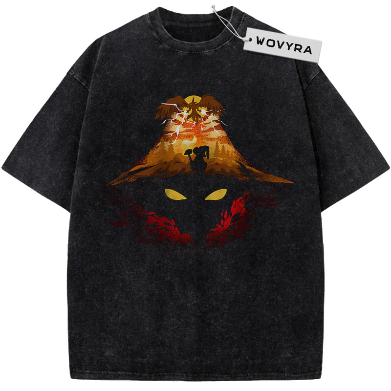 Final Fantasy IX Vivi Ornitier Autumn Hat Vintage T-Shirt with a broad hat silhouette filled with orange and red scenery