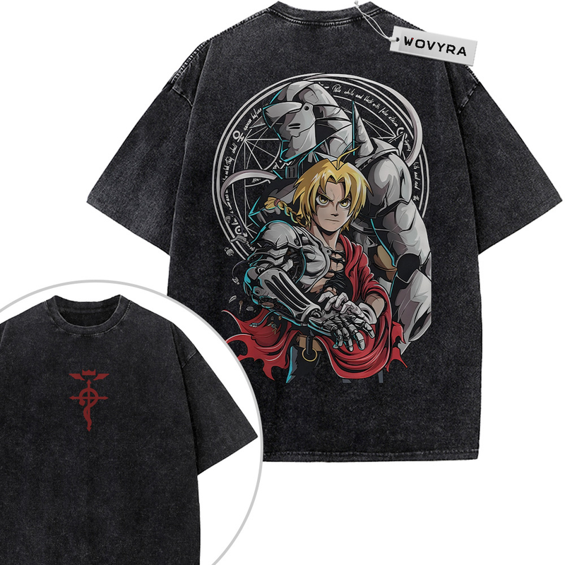 2-sided vintage T-shirt featuring Alphonse and Edward Elric framed by a circular emblem and red accents