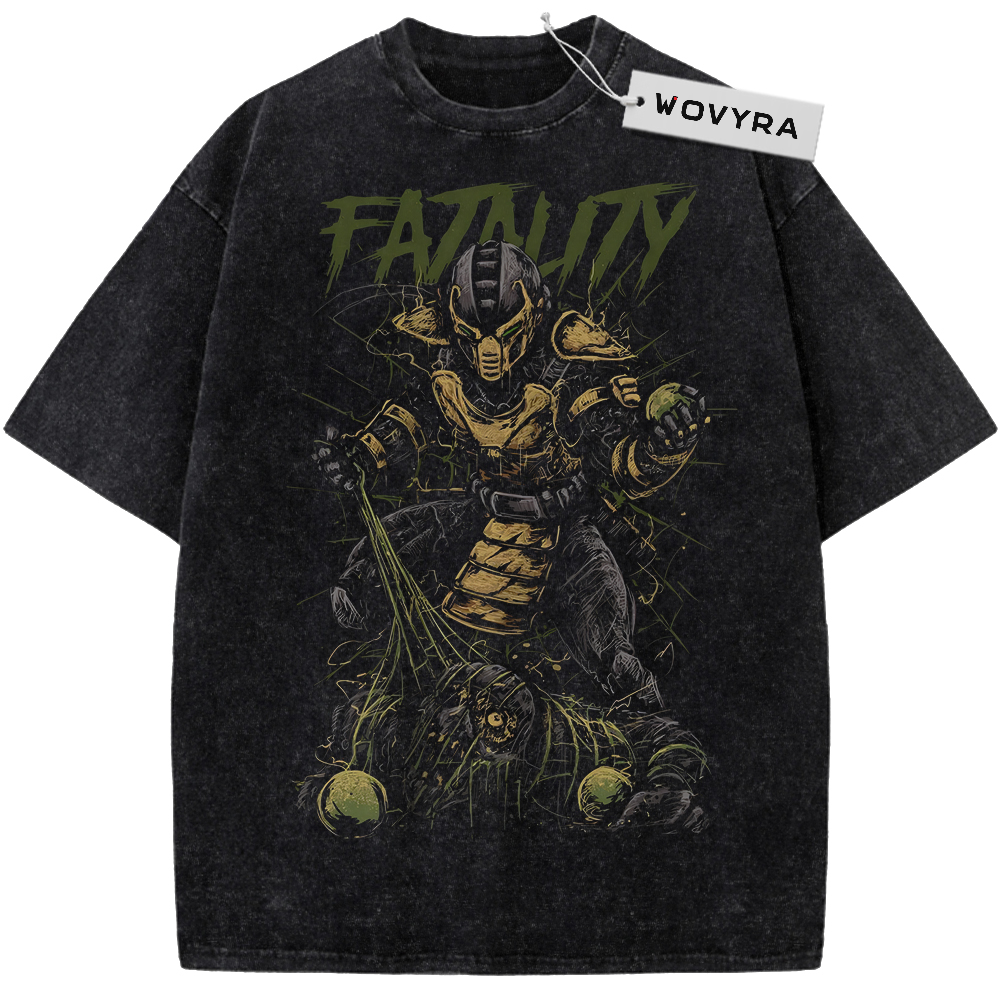 Vintage T-shirt featuring Cyrax in gold-toned armor beneath green Fatality lettering