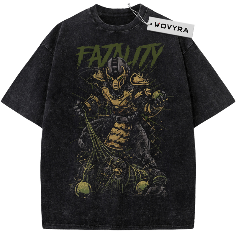 Vintage T-shirt featuring Cyrax in gold-toned armor beneath green Fatality lettering