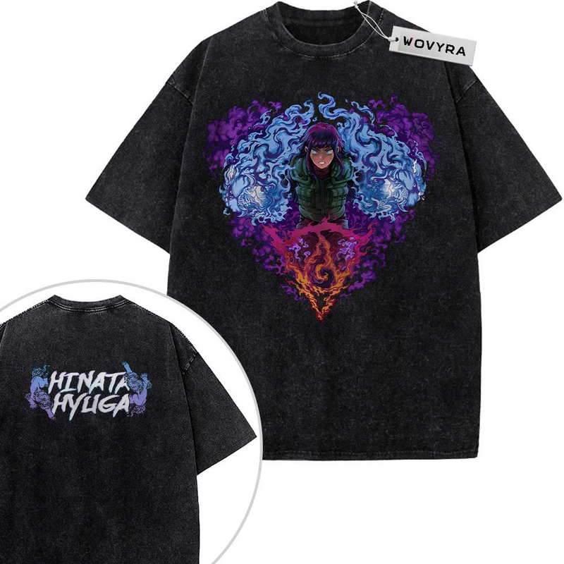 2-sided vintage T-shirt featuring Hinata Hyuga surrounded by blue and purple energy in a compact portrait graphic