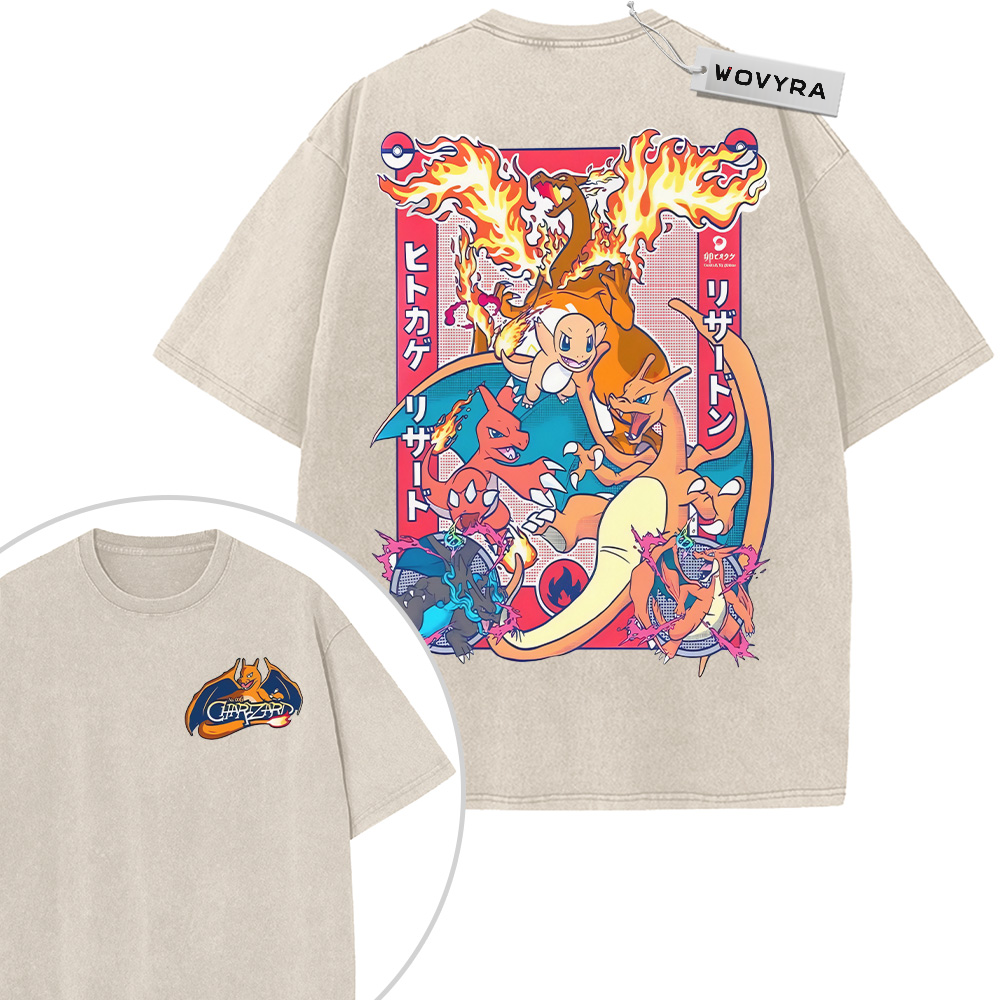 Charmander, Charmeleon & Charizard Pokemon Fire Trio 2-Sided Vintage T-Shirt with orange fire-type characters with bright Japanese lettering