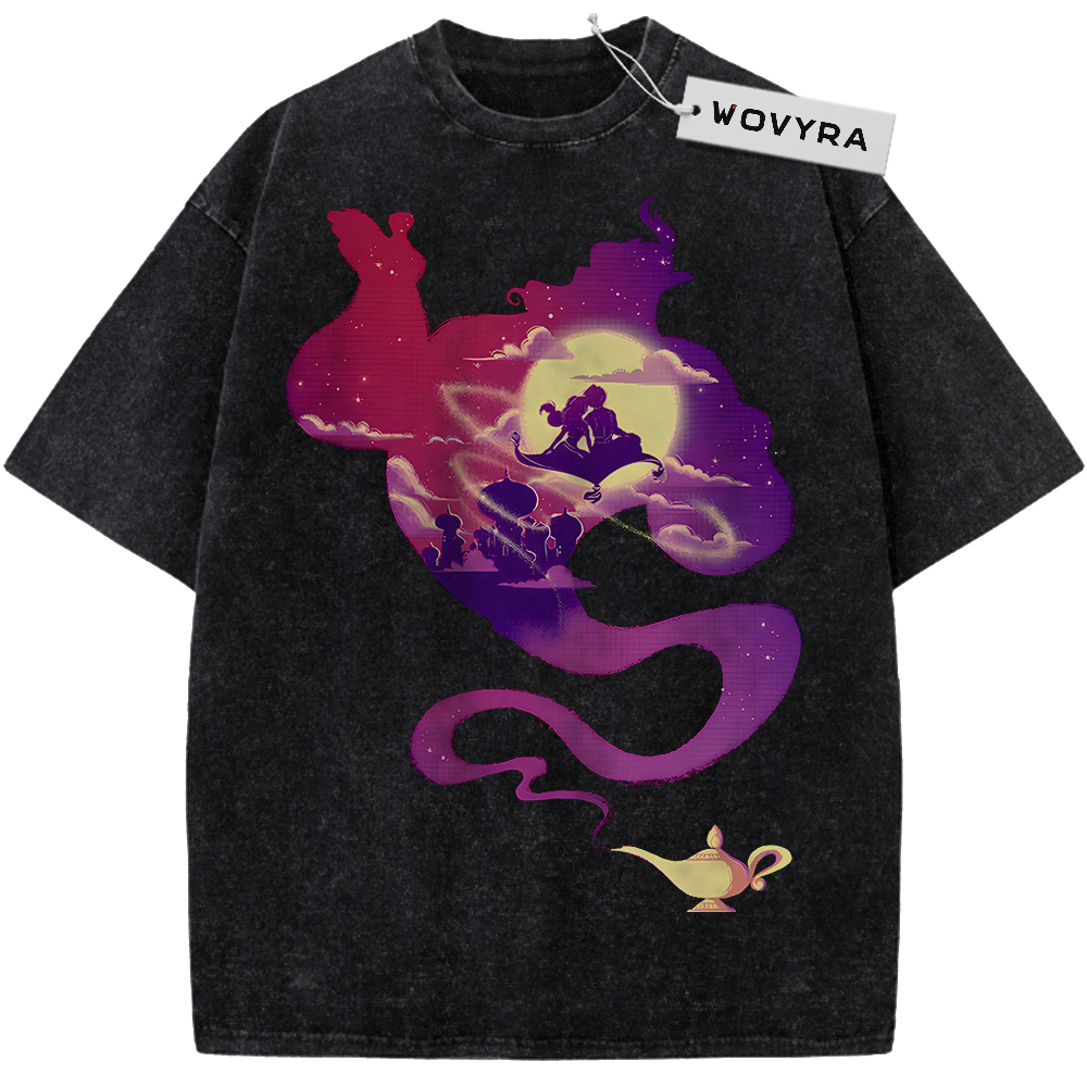 Vintage T-shirt featuring a purple and pink Genie silhouette containing a golden lamp scene