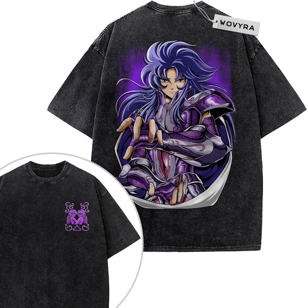 Saint Seiya Gemini Saga Purple Armor 2-Sided Vintage T-Shirt with a long-haired character in purple armor with a violet glow