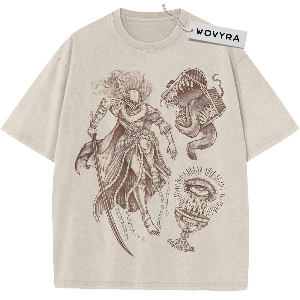 Warrior & Mimic Chest Sketch Vintage T-Shirt with a warrior beside two open, tooth-filled treasure chests