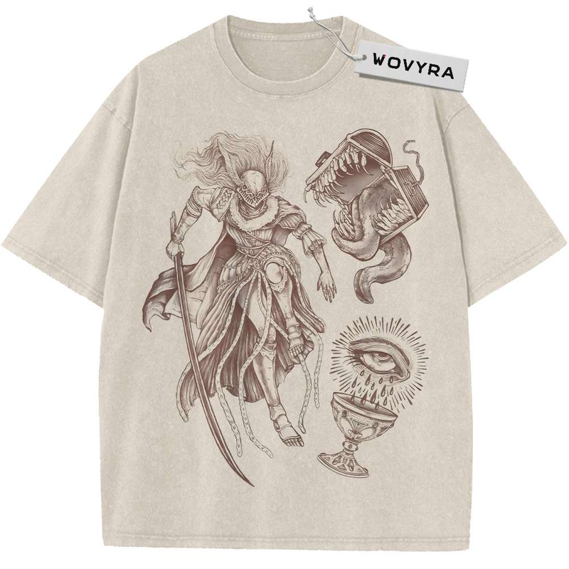 Warrior & Mimic Chest Sketch Vintage T-Shirt with a warrior beside two open, tooth-filled treasure chests