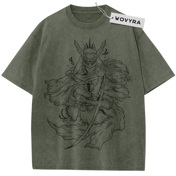 Olive green horned warrior T-shirt with black line-art character illustration