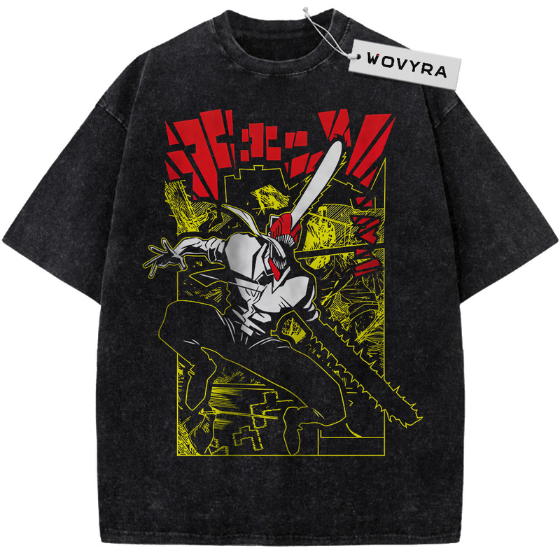 Black WOVYRA Denji Chainsaw Man Yellow Panel Vintage Tee