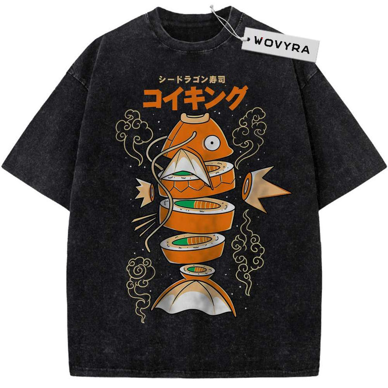 Vintage T-shirt featuring an orange Magikarp graphic with stacked sushi-style shapes and Japanese lettering