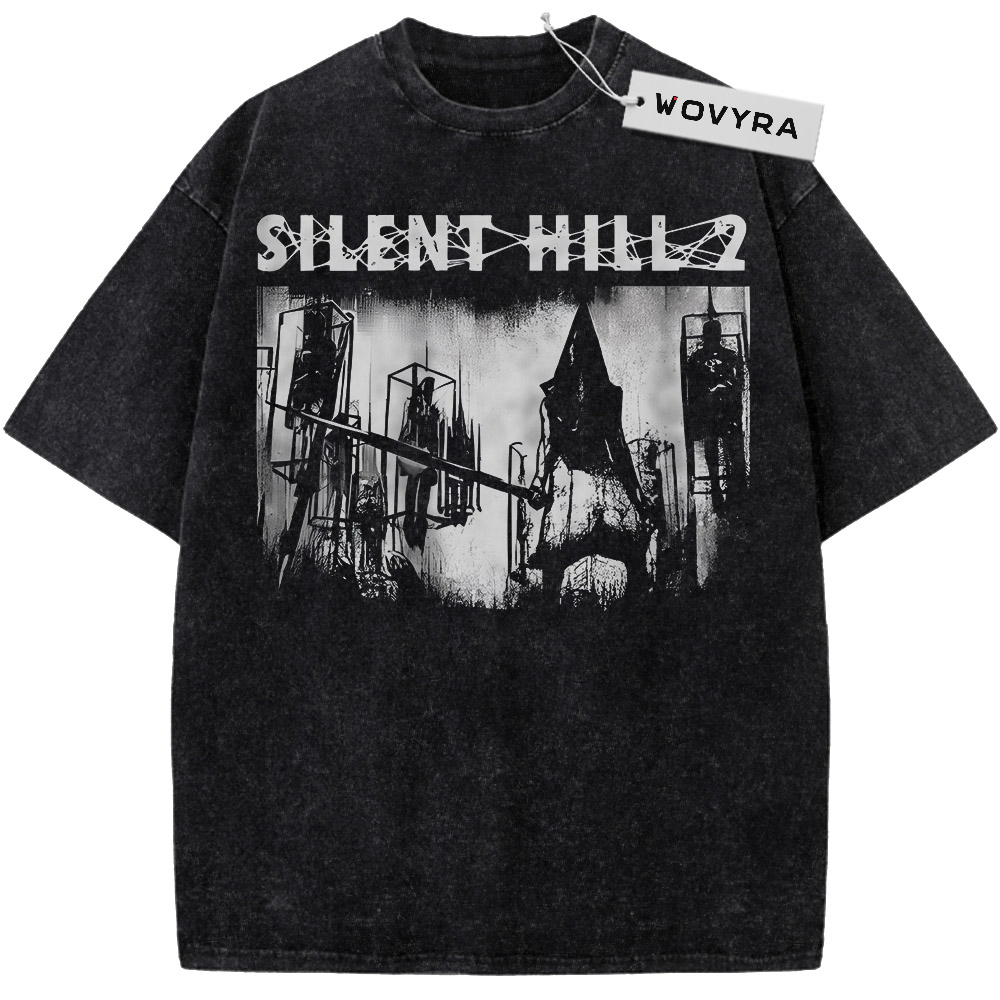 Silent Hill 2 Monochrome Scene Vintage T-Shirt with a dark industrial scene beneath distressed white title lettering