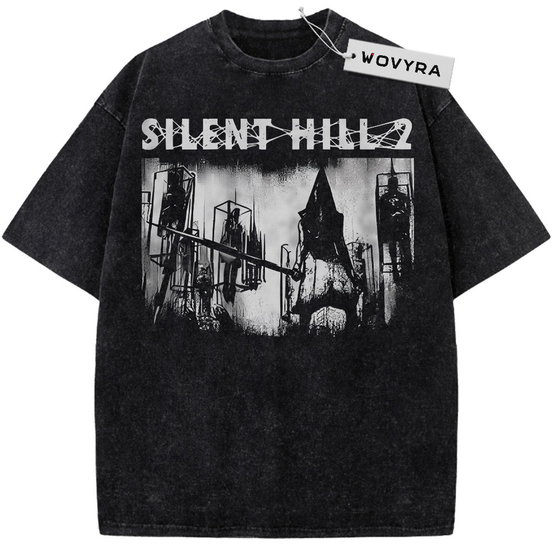 Silent Hill 2 Monochrome Scene Vintage T-Shirt with a dark industrial scene beneath distressed white title lettering