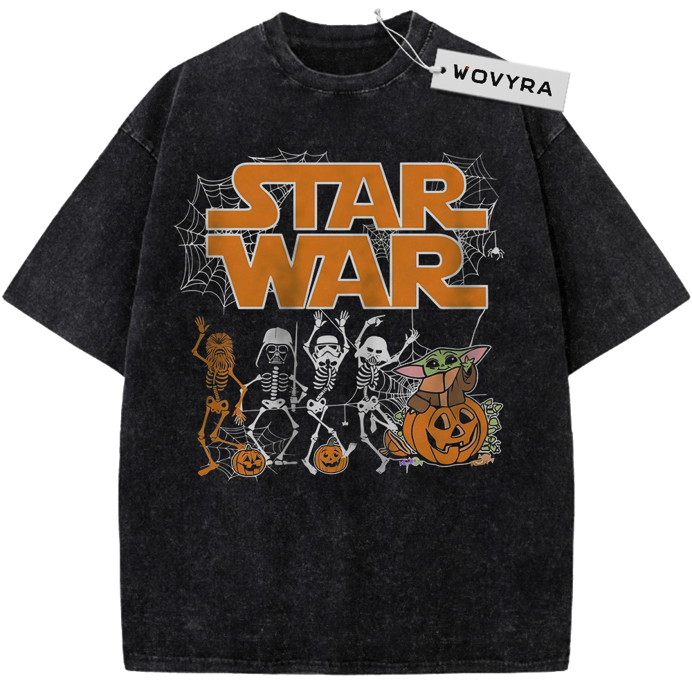 Star Wars Halloween Skeletons Vintage T-Shirt with skeleton-styled characters and a pumpkin under orange title lettering