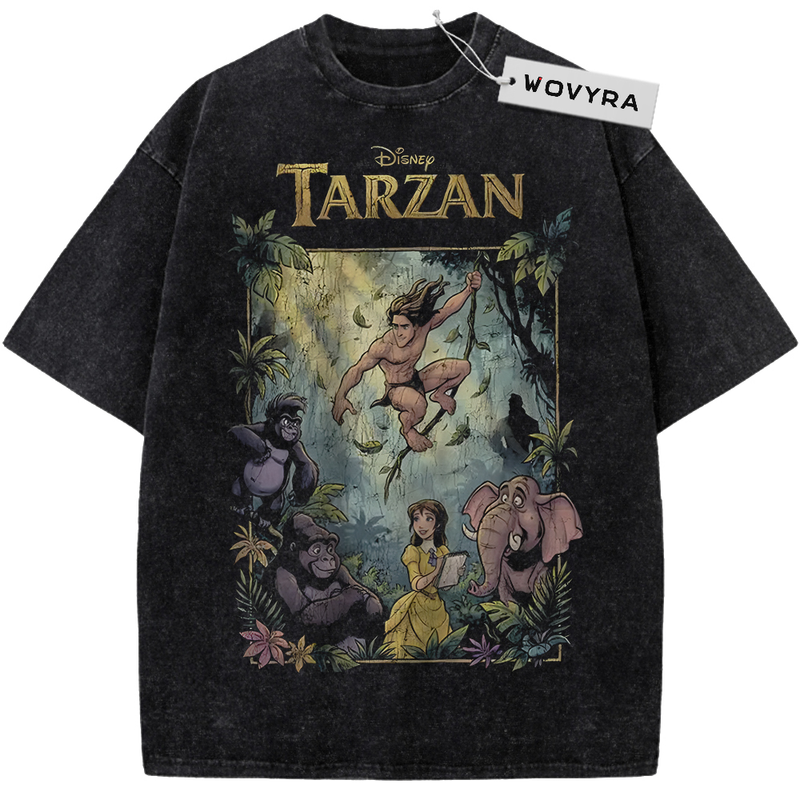 Vintage T-shirt featuring a Tarzan jungle character scene beneath gold title lettering