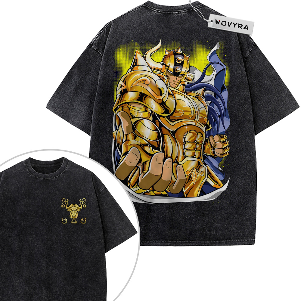 2-sided vintage T-shirt featuring Taurus Aldebaran in gold armor with blue and yellow accents