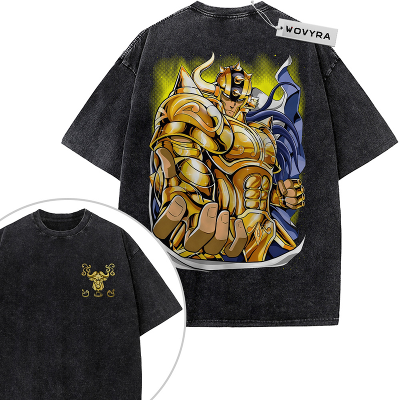 2-sided vintage T-shirt featuring Taurus Aldebaran in gold armor with blue and yellow accents