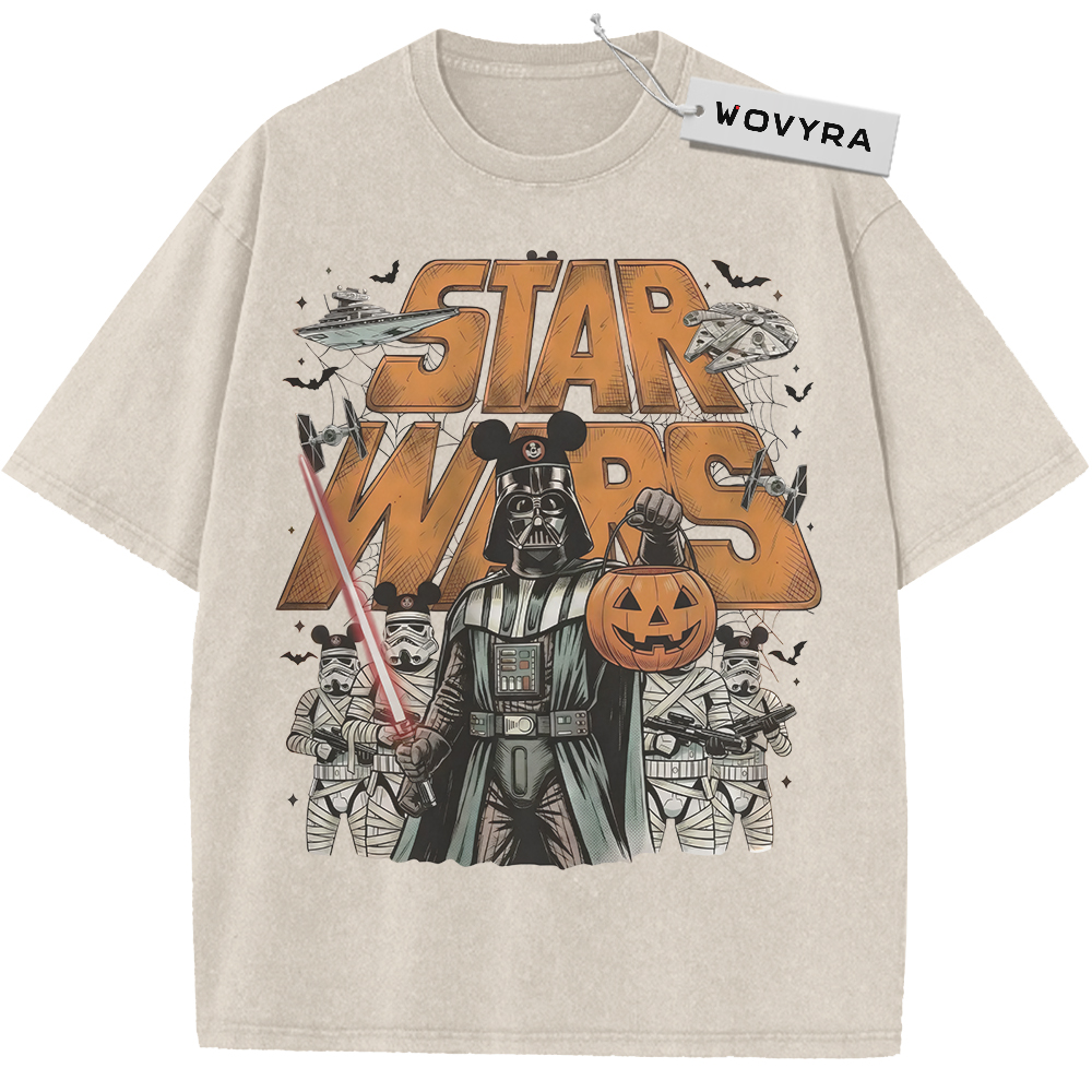 Vintage T-shirt featuring Darth Vader holding a pumpkin beneath orange Star Wars lettering