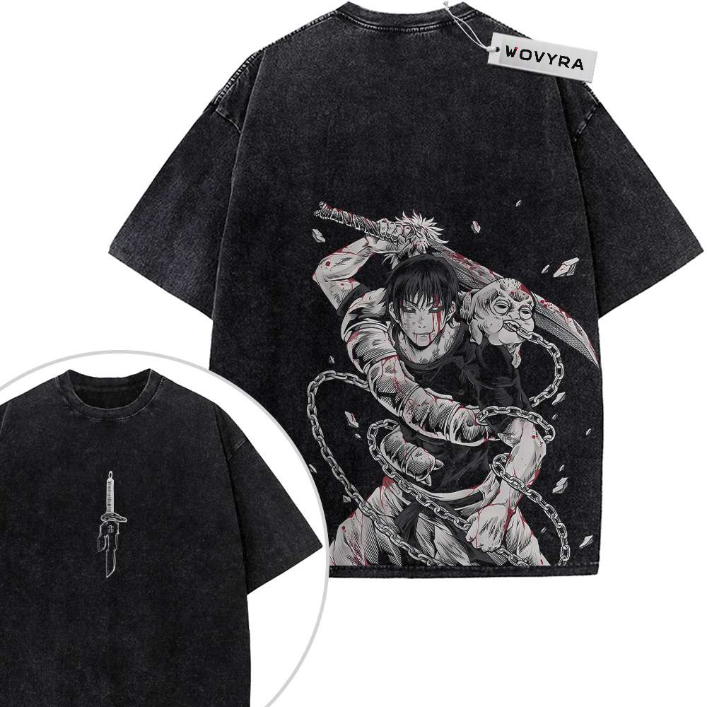 2-sided vintage T-shirt featuring Toji Fushiguro in a monochrome action illustration with looping chain details