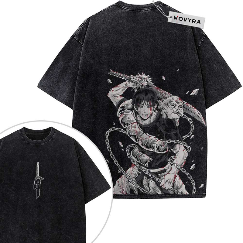 2-sided vintage T-shirt featuring Toji Fushiguro in a monochrome action illustration with looping chain details