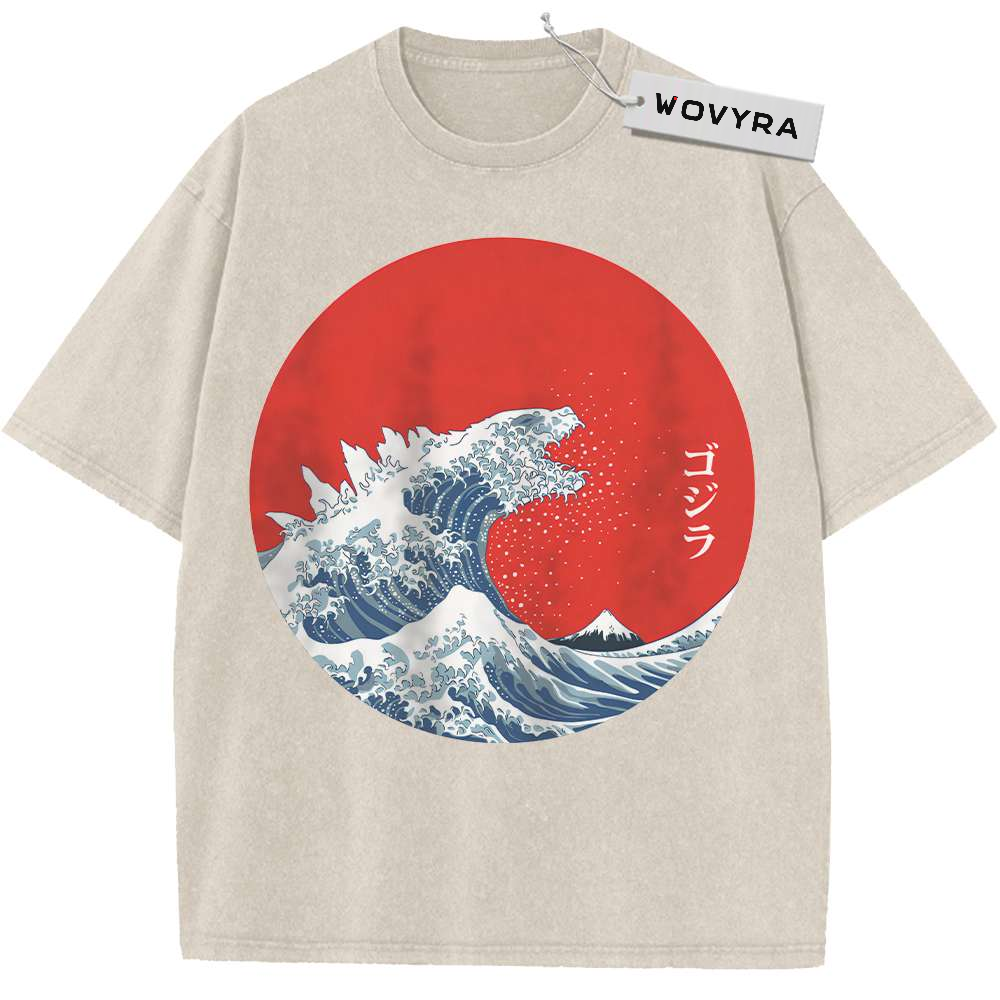 Kaiju Wave & Red Sun Vintage T-Shirt with a curling blue monster-shaped wave in front of a large red sun