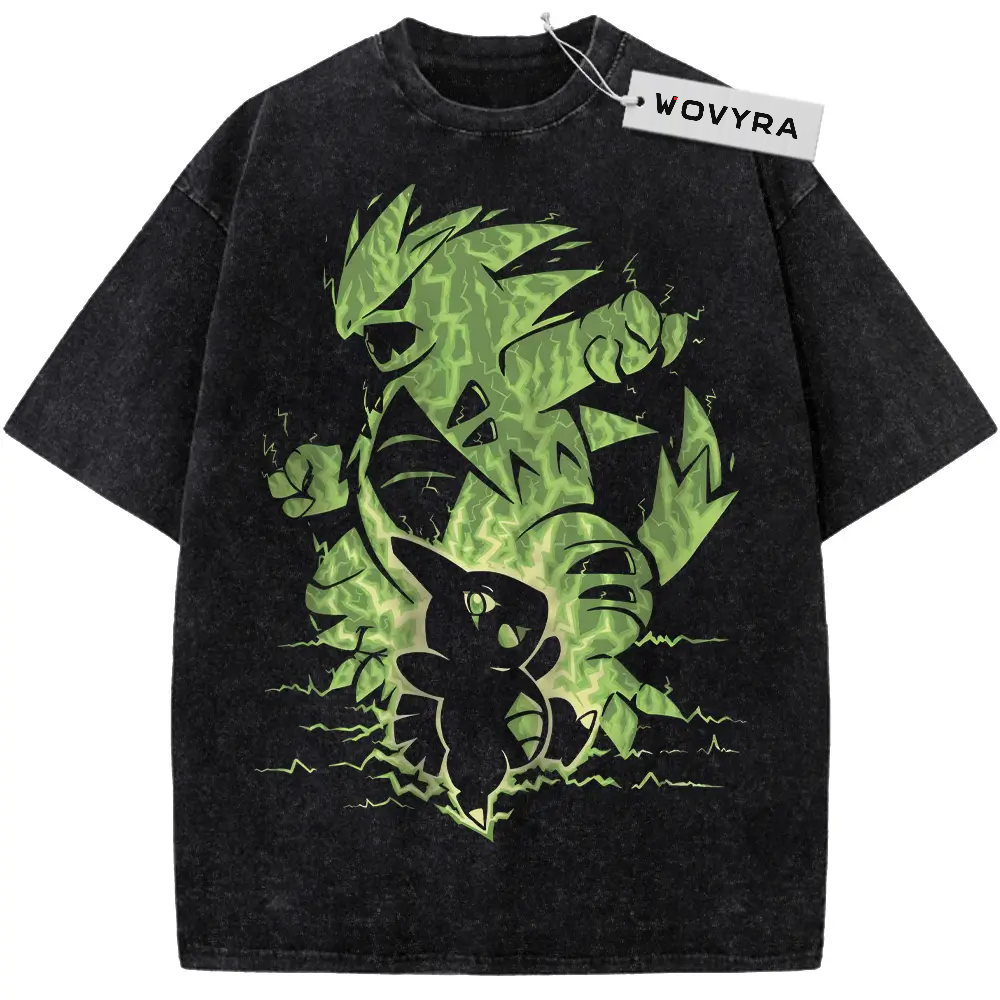 Vintage T-shirt featuring green Larvitar and Tyranitar figures layered in a jagged composition