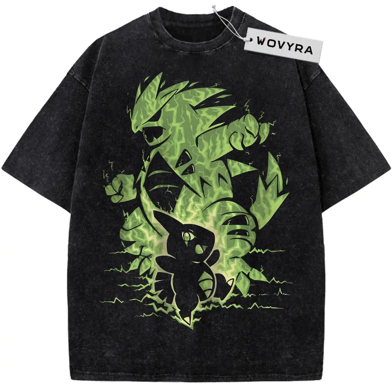 Vintage T-shirt featuring green Larvitar and Tyranitar figures layered in a jagged composition