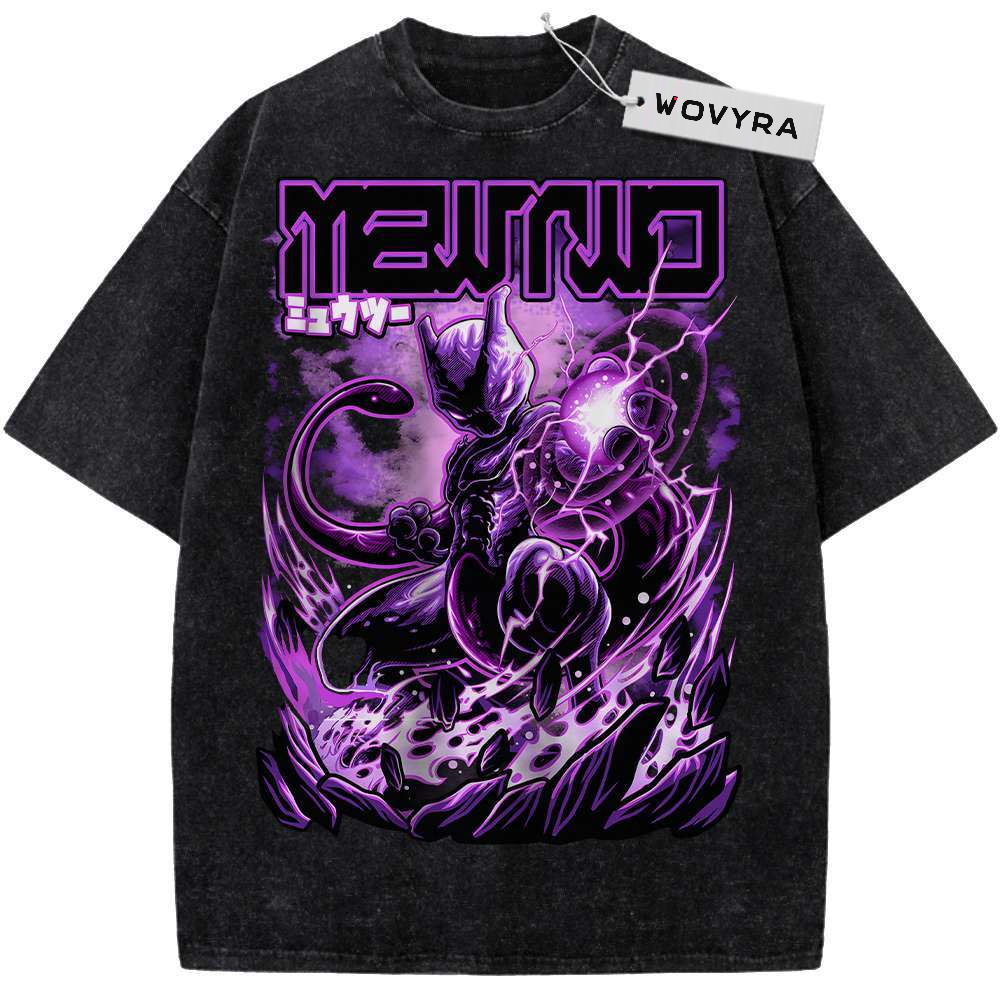 Vintage T-shirt featuring Mewtwo surrounded by purple energy beneath matching title lettering