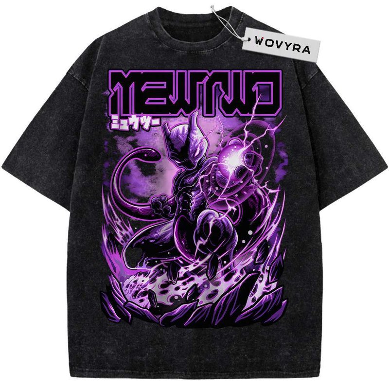 Vintage T-shirt featuring Mewtwo surrounded by purple energy beneath matching title lettering