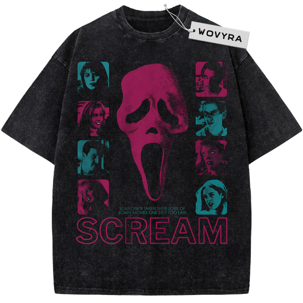 Ghostface Pink Scream Collage Vintage T-Shirt with a pink mask surrounded by small blue-and-pink portrait panels