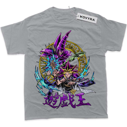 Light grey WOVYRA Dark Magician and Yugi classic T-shirt with a purple magician and colorful circular sigil