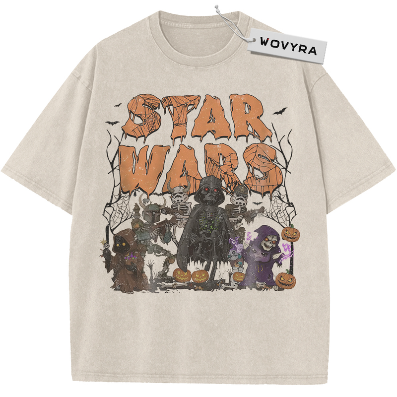 Star Wars Autumn Character Group Vintage T-Shirt with a dark character group surrounded by pumpkins and bare branches