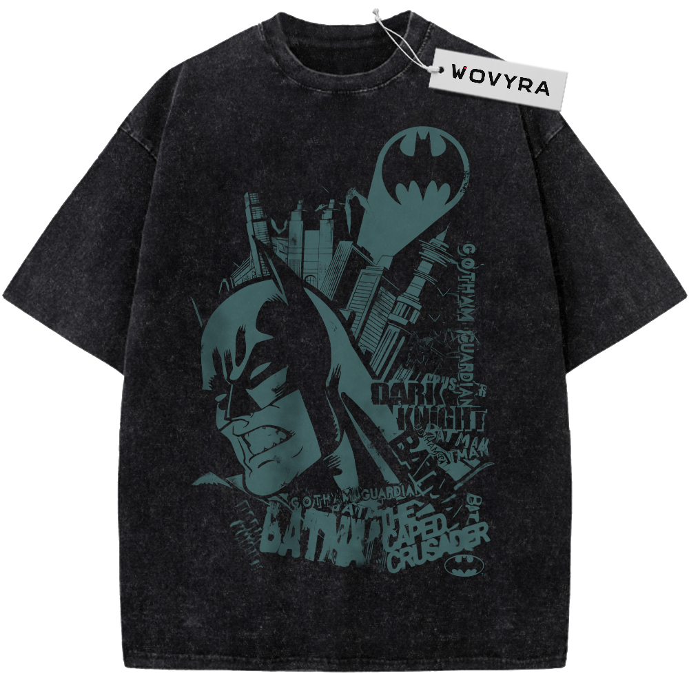 Batman Teal Gotham Collage Vintage T-Shirt with a teal Batman portrait with city shapes and distressed text