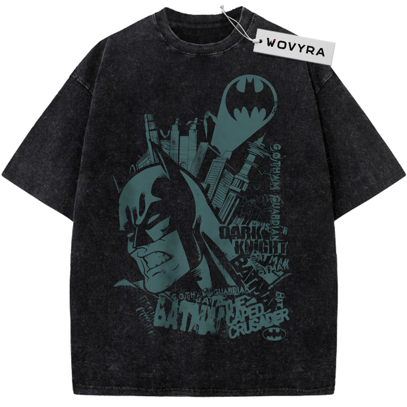 Batman Teal Gotham Collage Vintage T-Shirt with a teal Batman portrait with city shapes and distressed text