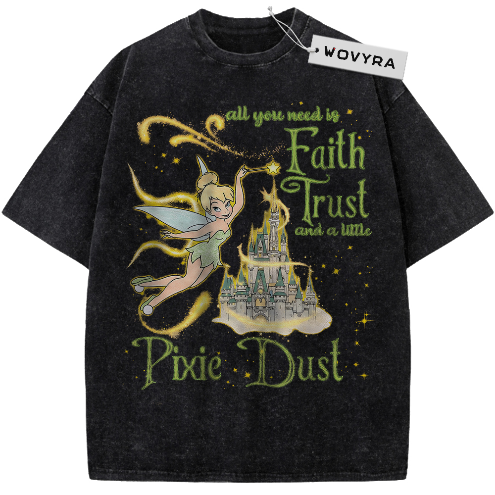 Vintage T-shirt featuring a Tinker Bell and castle illustration surrounded by golden pixie-dust lettering