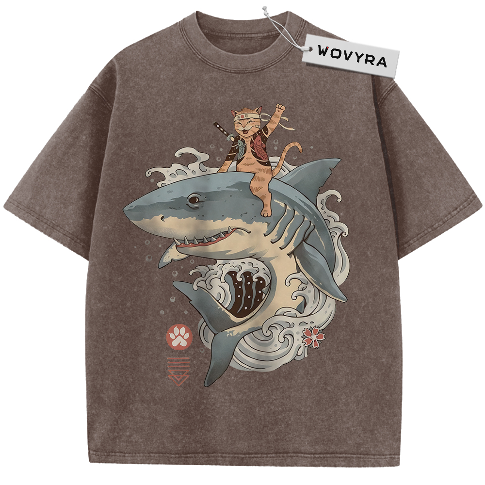 Brown Samurai Cat Shark T-shirt with a cat riding a shark through curling waves