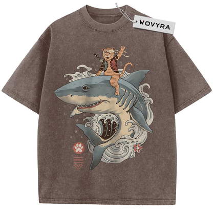 Brown Samurai Cat Shark T-shirt with a cat riding a shark through curling waves