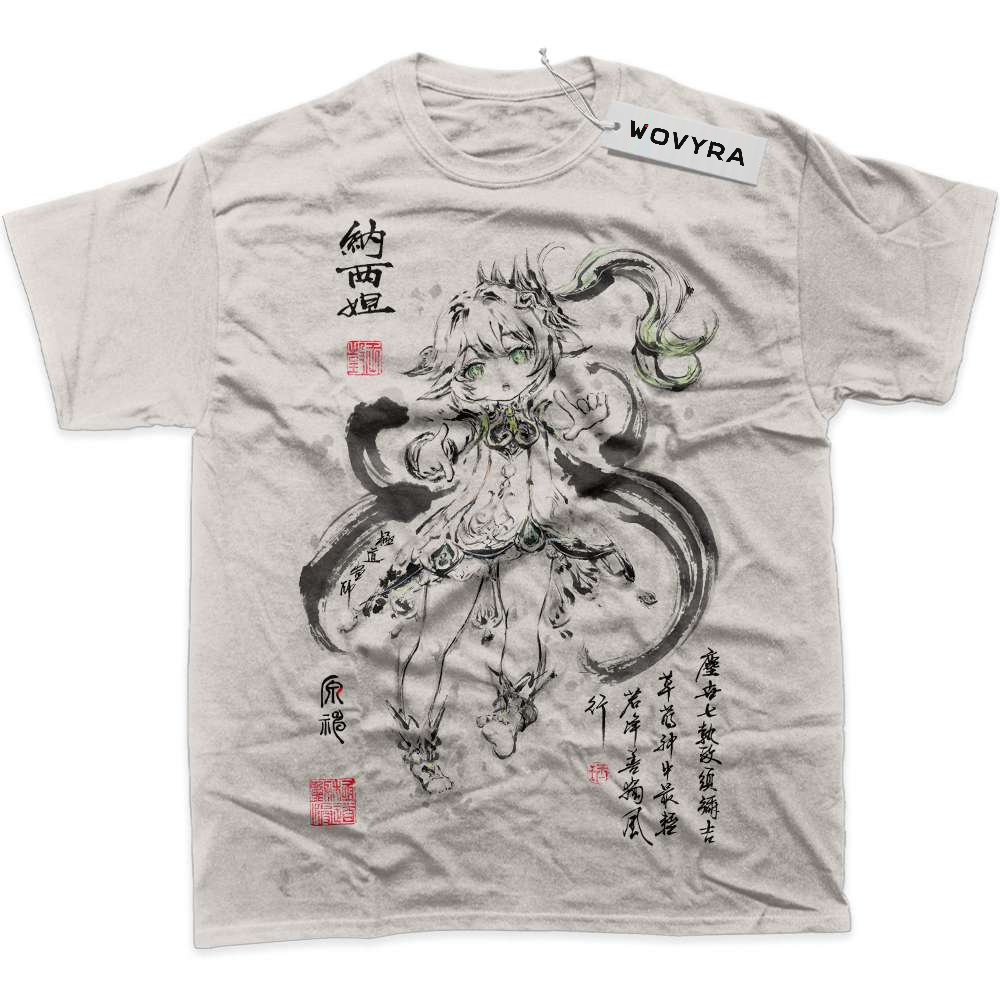 Light beige Nahida Genshin Impact T-shirt with ink-style character artwork and red accents
