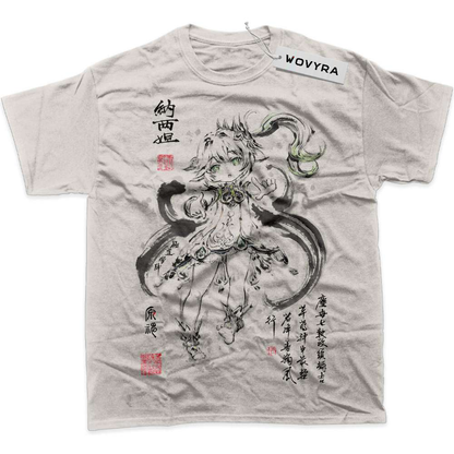 Light beige Nahida Genshin Impact T-shirt with ink-style character artwork and red accents