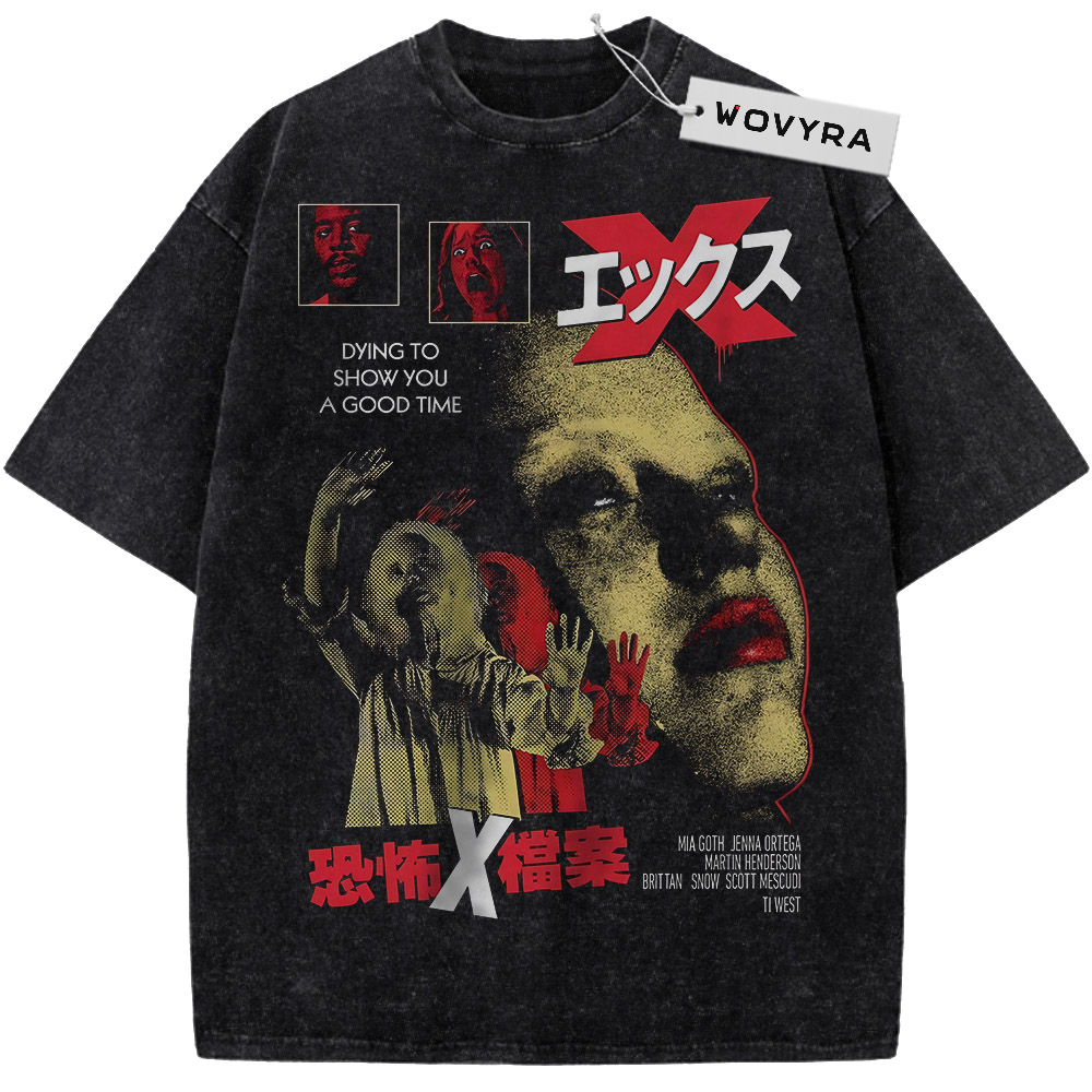 Vintage T-shirt featuring a horror portrait collage with a large red X and Japanese lettering