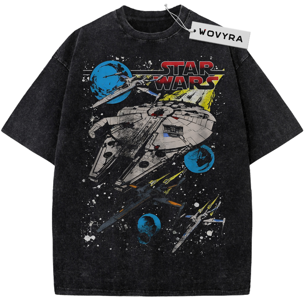 Vintage T-shirt featuring a large spacecraft and smaller ships with blue planets and red Star Wars lettering