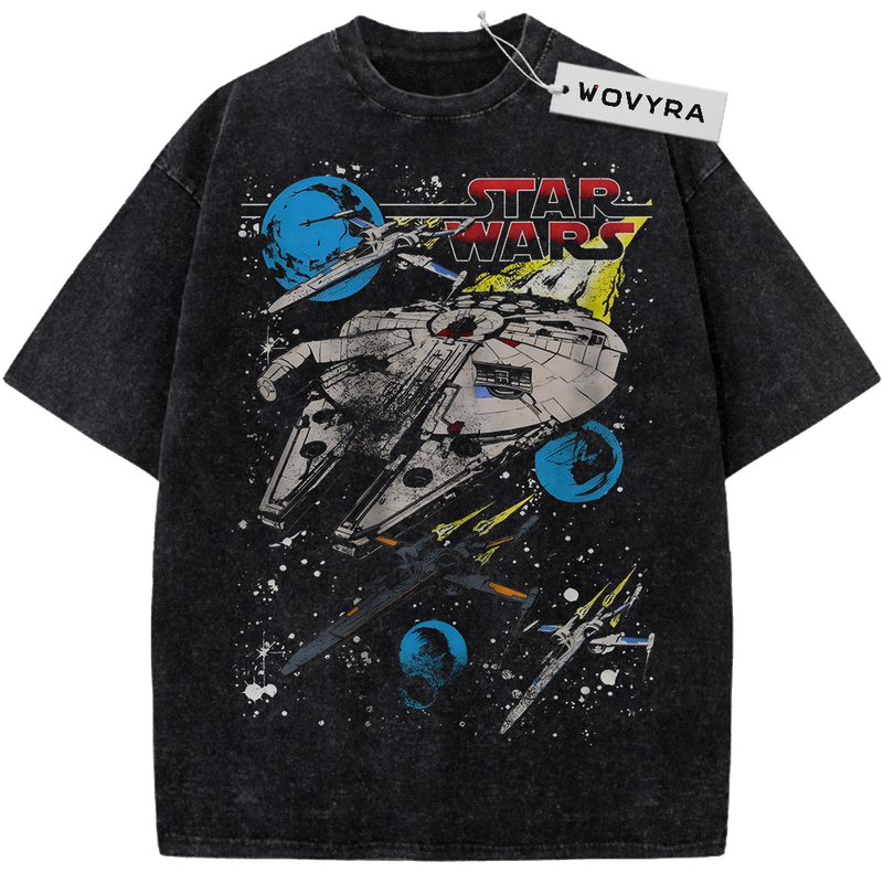 Vintage T-shirt featuring a large spacecraft and smaller ships with blue planets and red Star Wars lettering