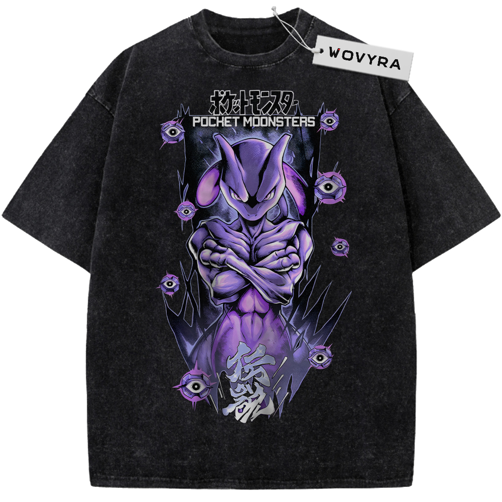 Pokemon Mewtwo Purple Portrait Vintage T-Shirt with a purple Mewtwo portrait with floating orb-like accents
